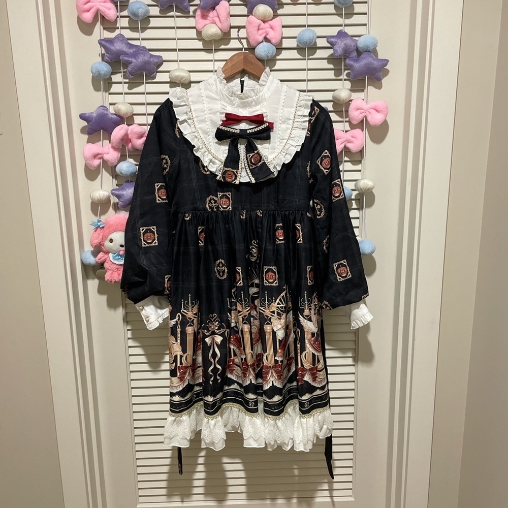 Classic royal black printed Lolita dress OP with teddy bears
